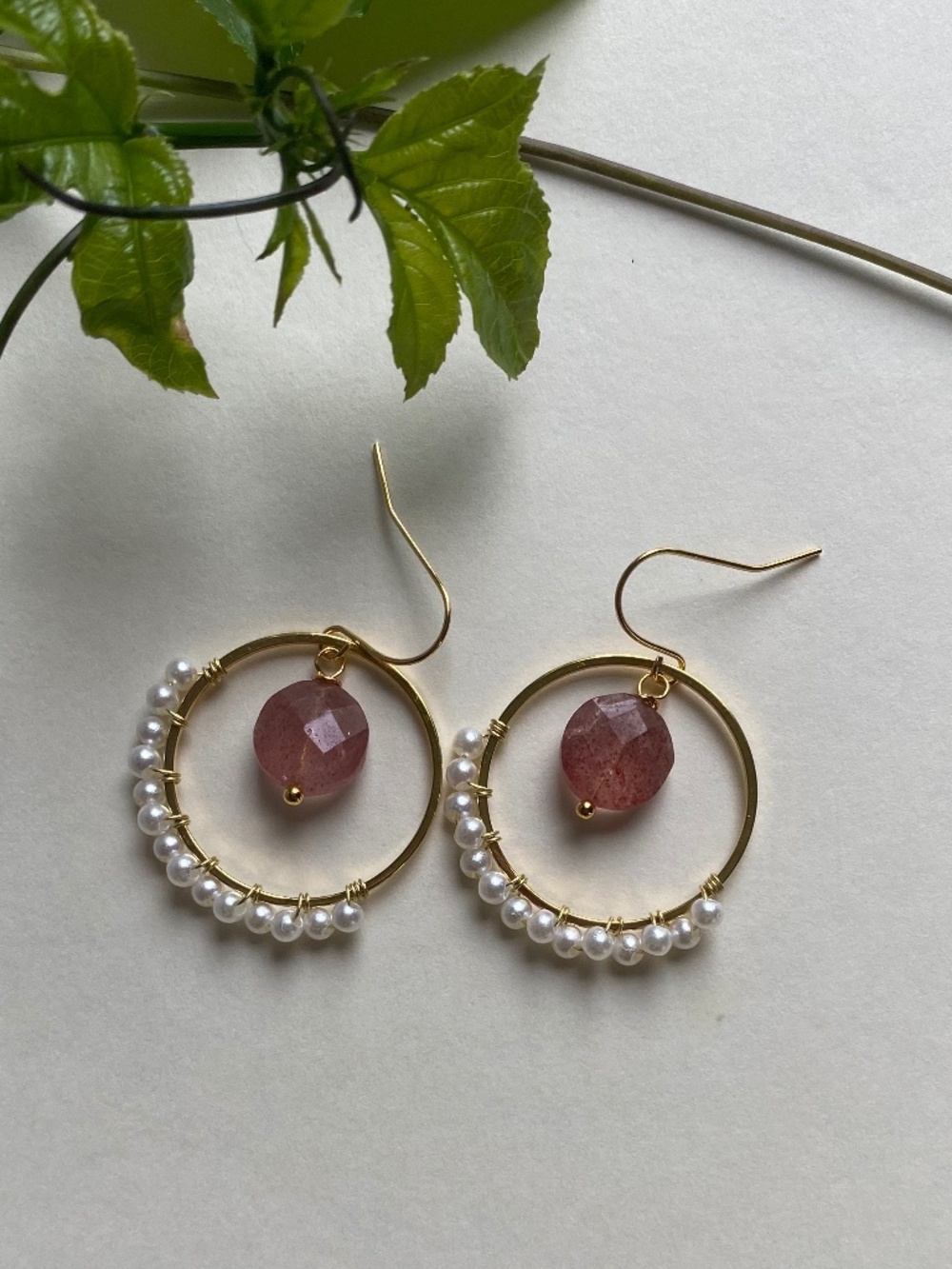 Handmade Wire Wrapped Earrings with Strawberry Quartz & Faux Pearl